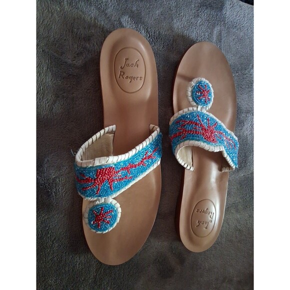 Jack Rogers Beaded Blue /Red CrabLeather Slip-On Flat Sandal Women's 8.5M - Picture 5 of 7